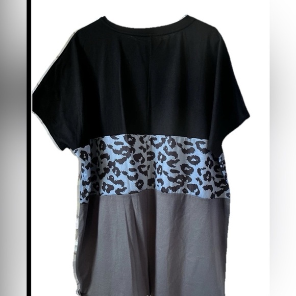 Womens Short Sleeve Tshirt Color Block Black Teal Leopard Print Gray 2XL Pockets - Picture 4 of 6